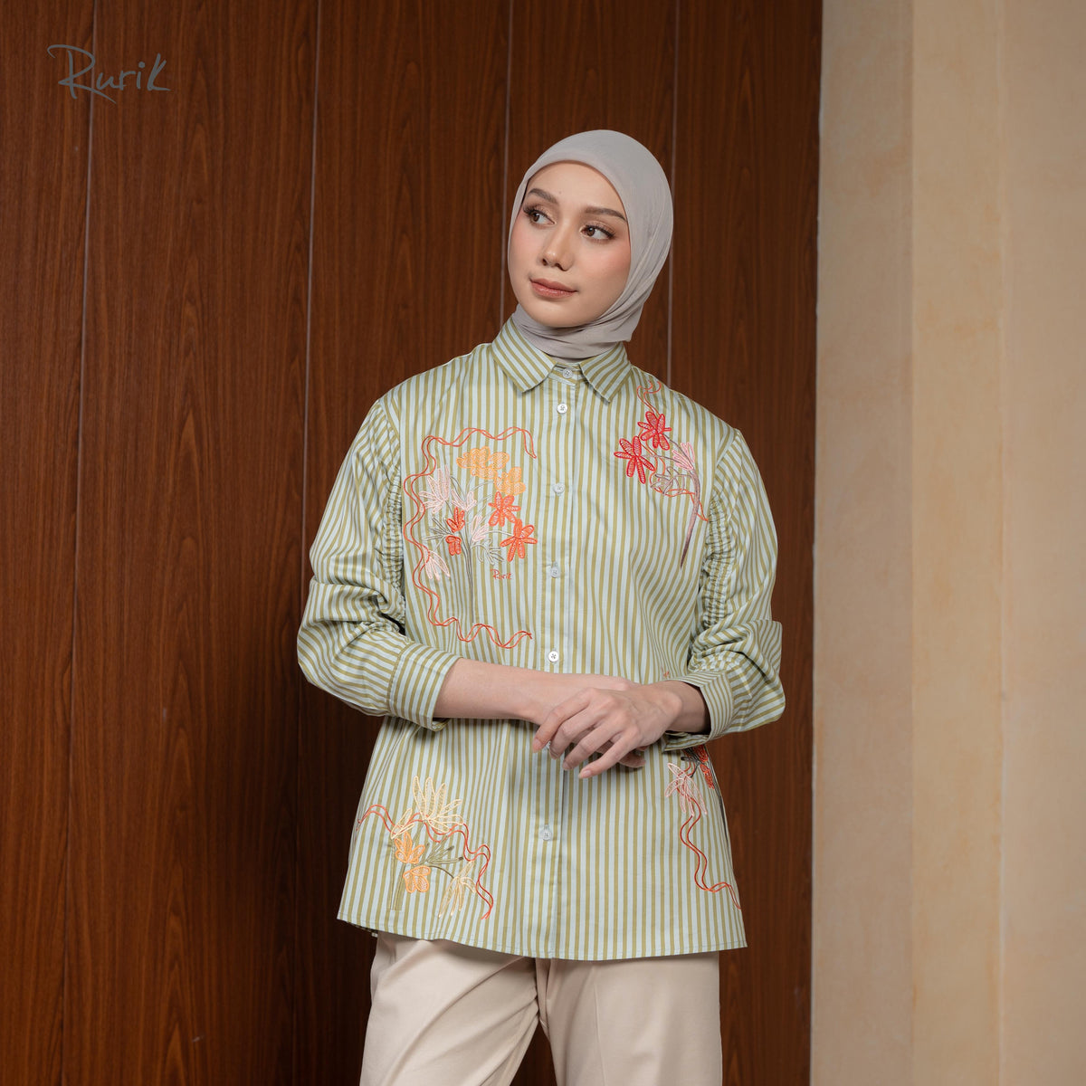 Balsa Embroidery Shirt Stripe Sage